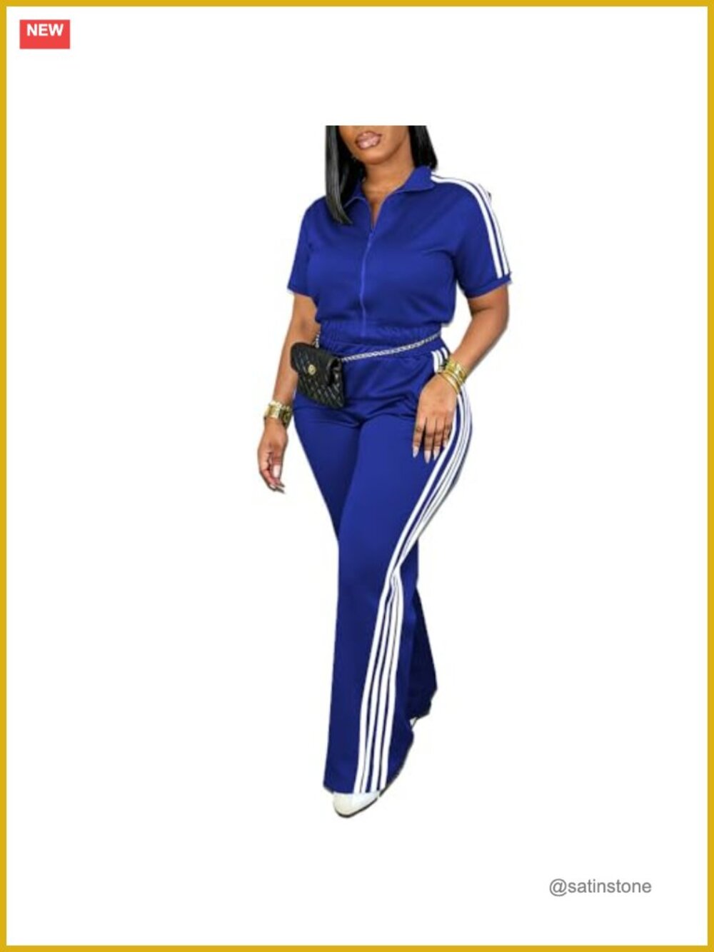 Two Piece Tracksuit Set Short Sleeve Zip Up Polo Top Flare Pants Pocket